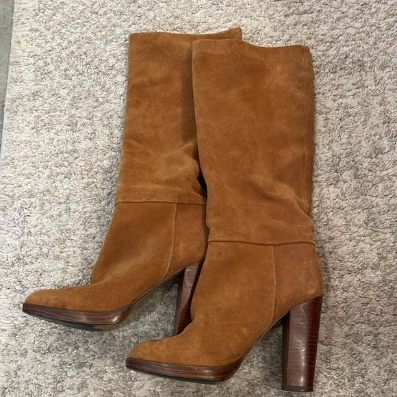 Cognac brown suede 70s-style couture knee-high boots, size 7 - Picture 3 of 6